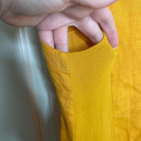 100% LINO Mustard Yellow Short Sleeve linen embroidered Dress with pockets | L - Picture 8 of 11
